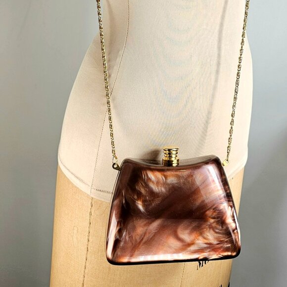 Vintage Brown Marbled Acrylic Box Clutch with Gold Chain Strap - Picture 15 of 16